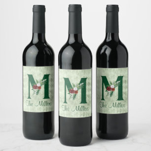 Winter Floral Illustrated Letter M Personalized Wine Label