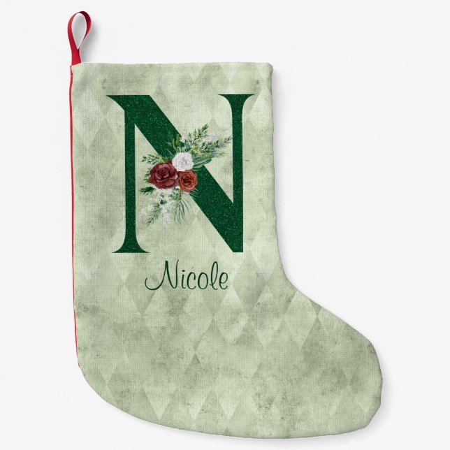 Winter Floral Illustrated Letter N Personalised  Small Christmas Stocking (Front)