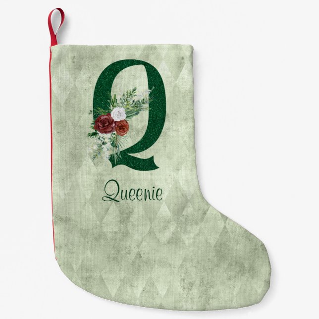 Winter Floral Illustrated Letter Q  Personalised  Small Christmas Stocking (Front)