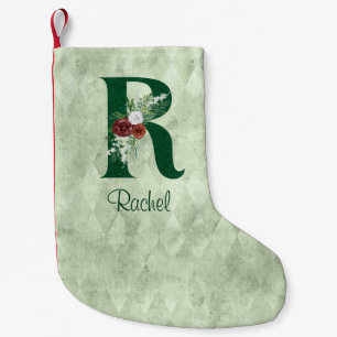 Winter Floral Illustrated Letter R Personalised  Small Christmas Stocking
