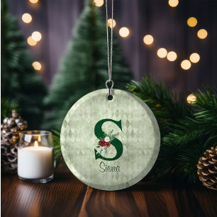 Winter Floral Illustrated Letter S Personalised Ceramic Tree Decoration