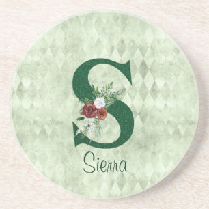 Winter Floral Illustrated Letter S Personalised Coaster