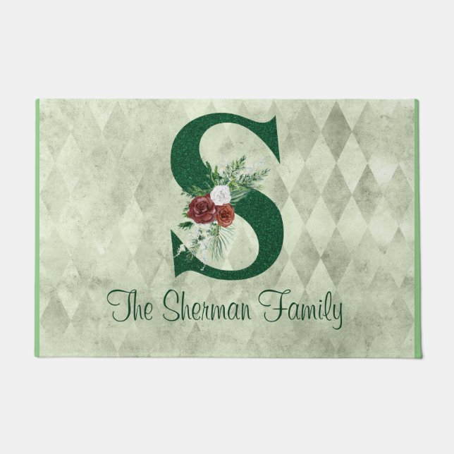 Winter Floral Illustrated Letter S  Personalised  Doormat (Front)