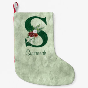 Winter Floral Illustrated Letter S  Personalised  Small Christmas Stocking