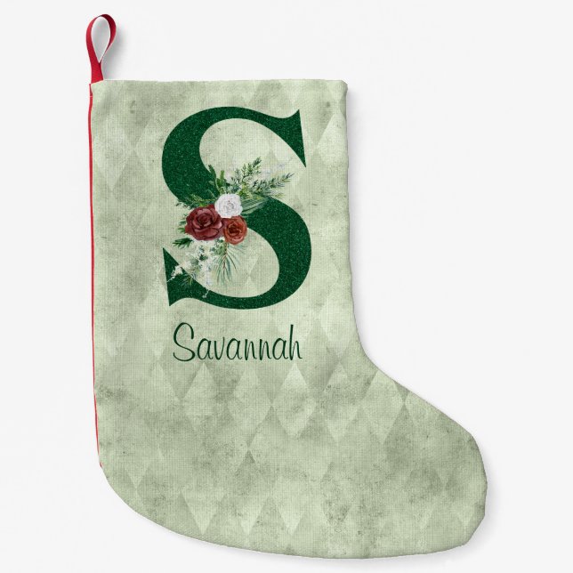 Winter Floral Illustrated Letter S  Personalised  Small Christmas Stocking (Front)