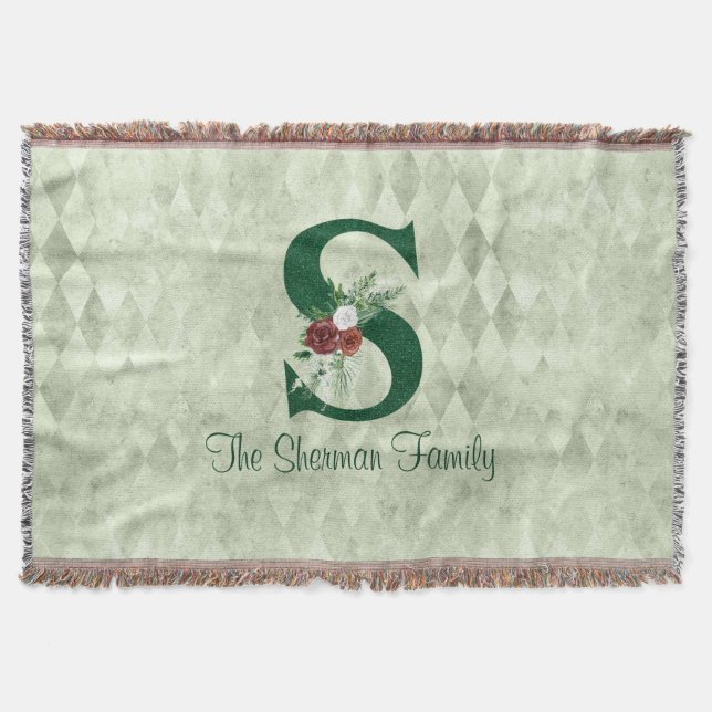Winter Floral Illustrated Letter S  Personalised  Throw Blanket (Front)