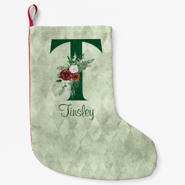 Winter Floral Illustrated Letter T  Personalised  Small Christmas Stocking (Front)