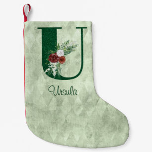 Winter Floral Illustrated Letter U Personalised  Small Christmas Stocking