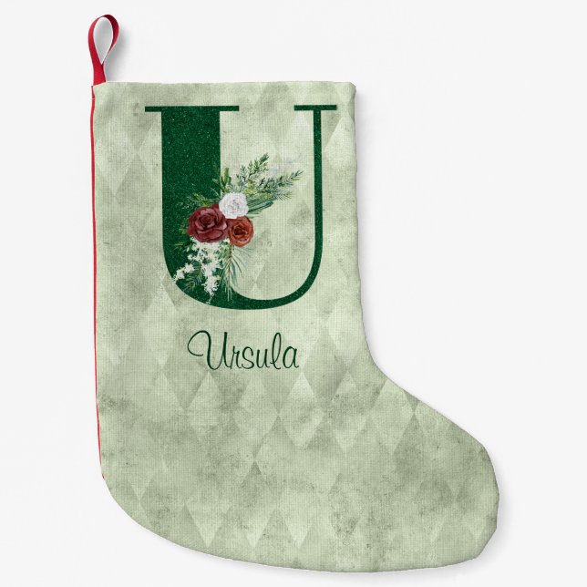 Winter Floral Illustrated Letter U Personalised  Small Christmas Stocking (Front)