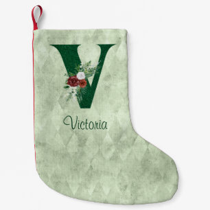 Winter Floral Illustrated Letter V Personalised  Small Christmas Stocking