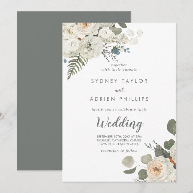 Winter Floral Informal Wedding Invitation (Front/Back)