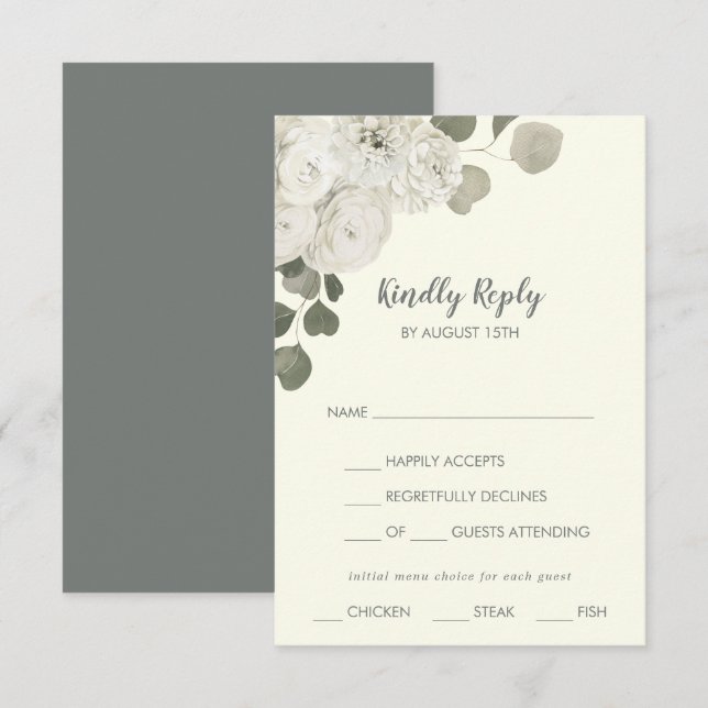 Winter Floral|Ivory Menu Choice Wedding RSVP Card (Front/Back)