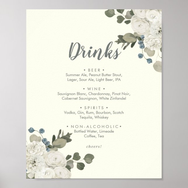 Winter Floral | Ivory Wedding Drinks Menu Sign (Front)
