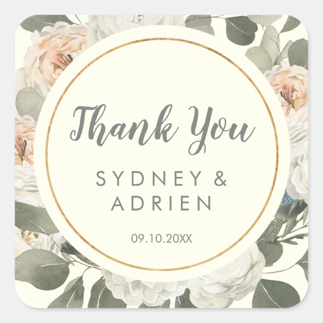 Winter Floral | Ivory Wedding Thank You Favour  Square Sticker (Front)
