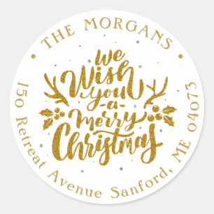 Winter Floral Merry Christmas Holiday Address Classic Round Sticker
