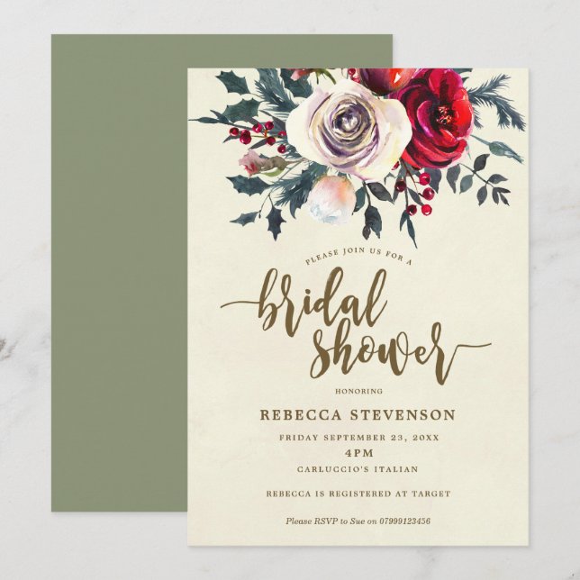 winter floral modern bridal shower invitation (Front/Back)