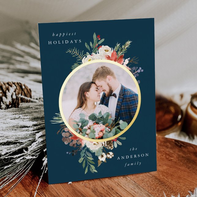  Winter Floral Navy and Gold Circle Photo Foil Holiday Card (Creator Uploaded)