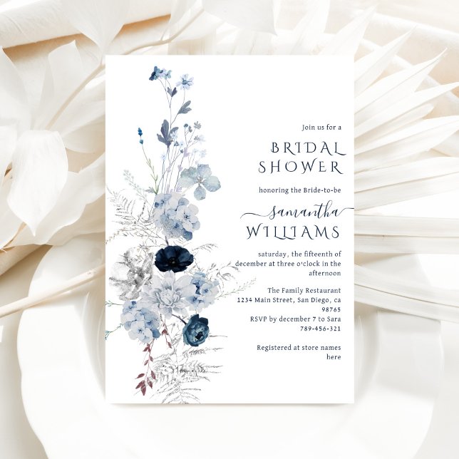 Winter Floral Navy Blue Wildflower Bridal Invitation (Creator Uploaded)