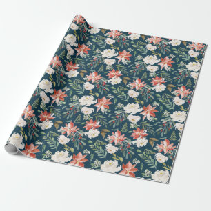 Winter Floral   Navy Holiday Wrapping Paper