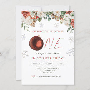 Winter Floral Oh What Fun Girl 1st Birthday Party  Invitation