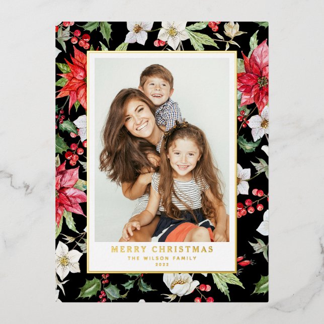 Winter Floral Pattern Black Christmas Photo Foil Holiday Postcard (Front)