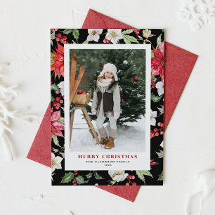 Winter Floral Pattern Black Christmas Photo Holiday Card