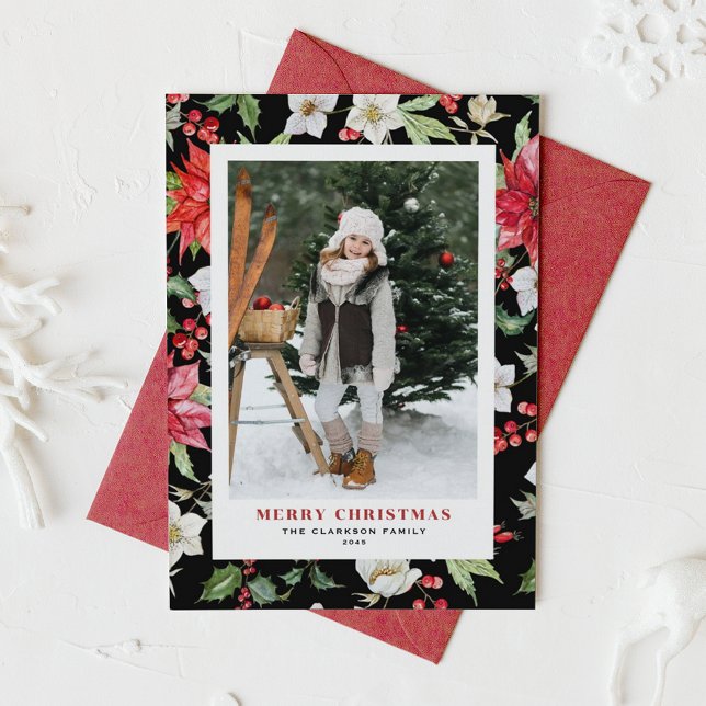Winter Floral Pattern Black Christmas Photo Holiday Card (Festive Winter Flowers Pattern Black Photo Merry Christmas Card)