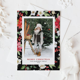 Winter Floral Pattern Black Christmas Photo Holiday Postcard
