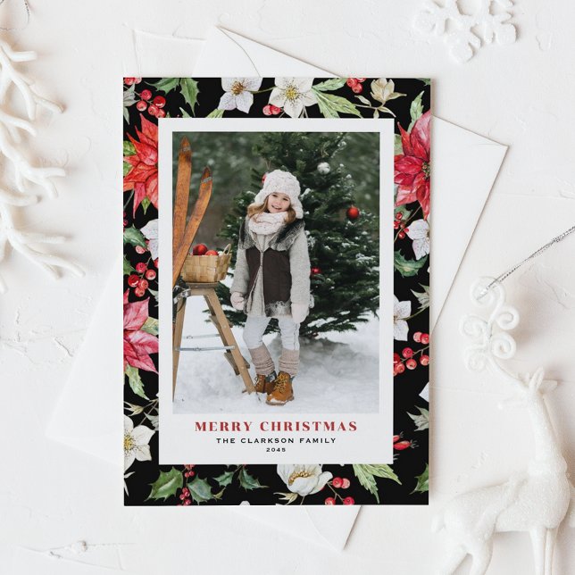 Winter Floral Pattern Black Christmas Photo Holiday Postcard (Festive Winter Flowers Pattern Black Photo Merry Christmas Postcard)