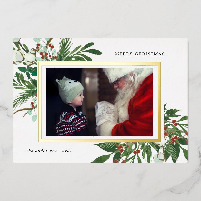 winter floral photo holiday foil invitation (Front)