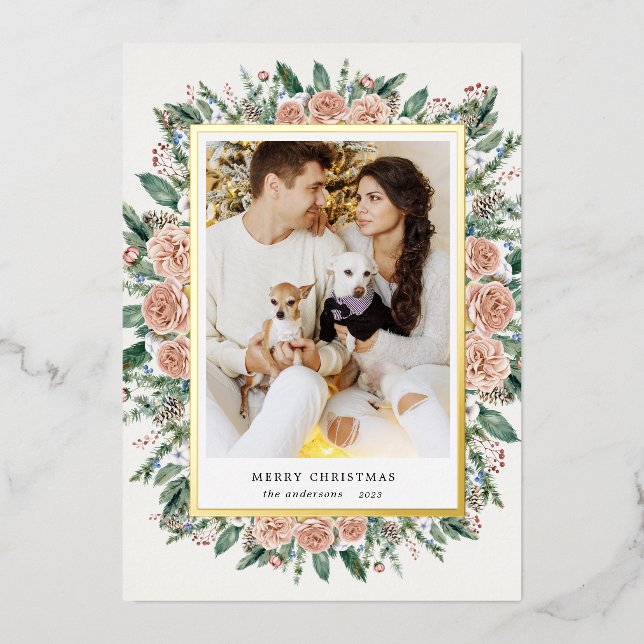 winter floral photo holiday foil invitation (Front)