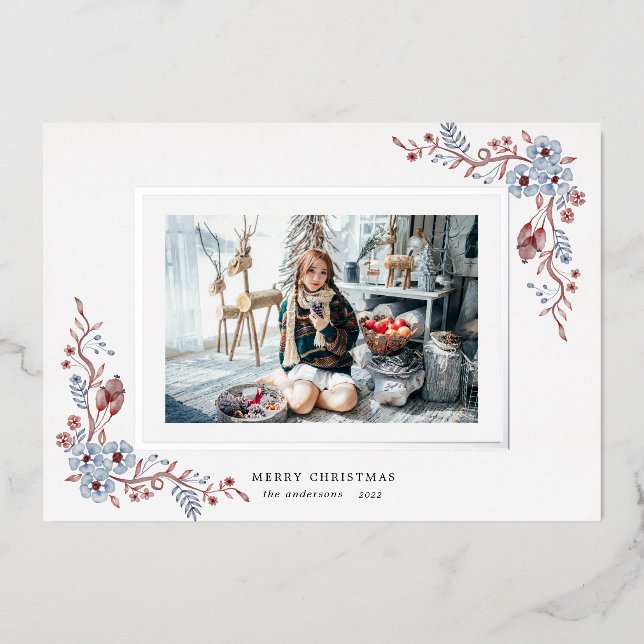winter floral photo holiday foil invitation (Front)