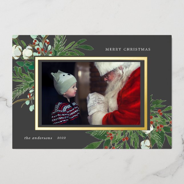 winter floral photo holiday foil invitation (Front)