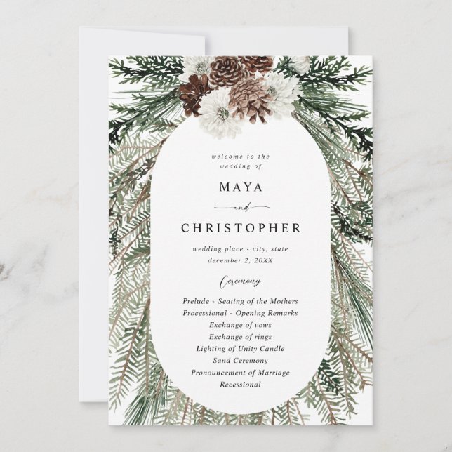 Winter Floral & Pine 2 Wedding Ceremony Program Invitation (Front)