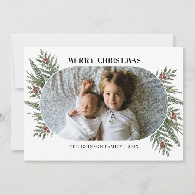 Winter Floral Pine and berries Photo Card (Front)