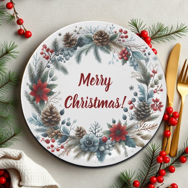 Winter Floral Pine Cones Wreath Paper Plate (Creator Uploaded)