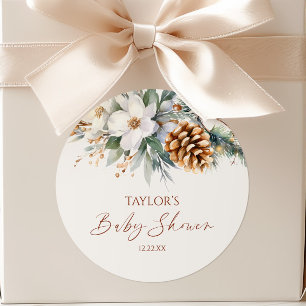 Winter Floral Pine Tree Baby Shower Classic Round Sticker