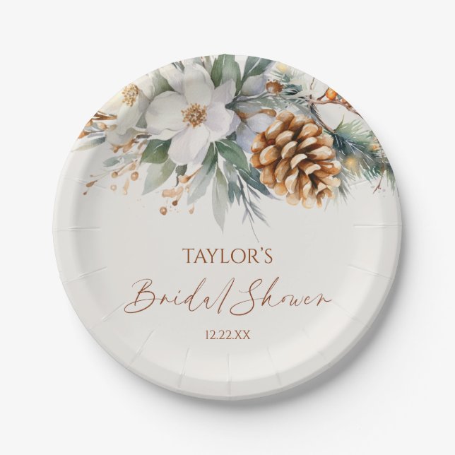 Winter Floral Pine Tree Bridal Shower Paper Plate (Front)