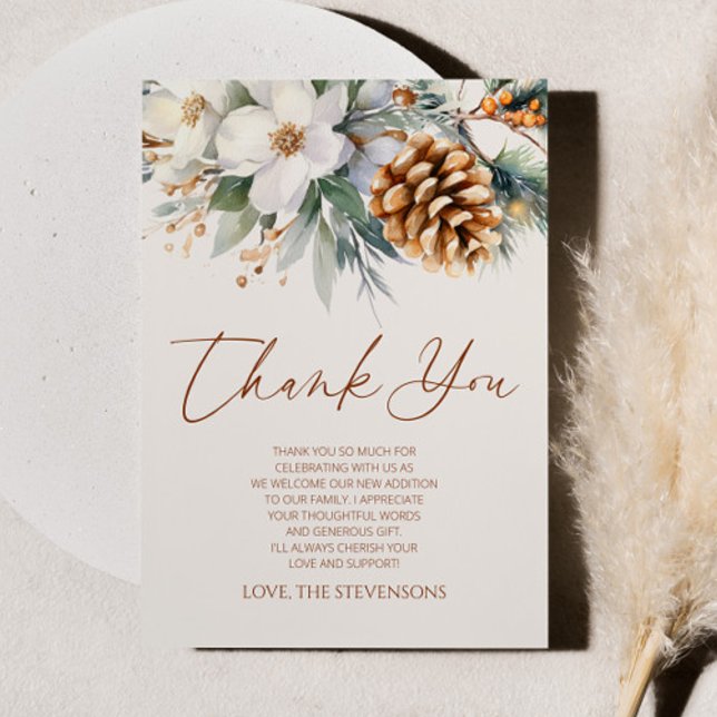 Winter Floral Pine Tree Christmas Baby Shower Thank You Card (Creator Uploaded)