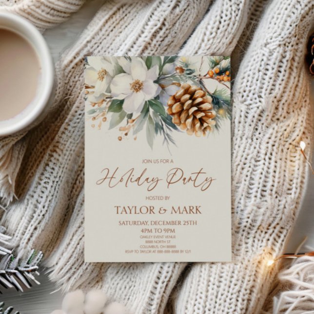 Winter Floral Pine Tree Christmas Holiday Party Invitation (Creator Uploaded)