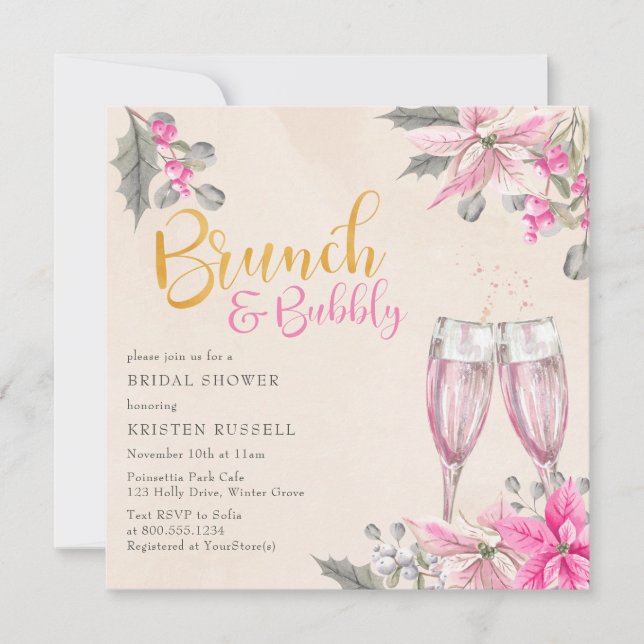 Winter Floral Pink Brunch Bubbly Bridal Shower Invitation (Front)