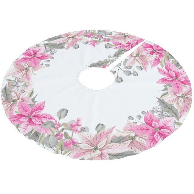 Winter Floral Pink Poinsettia and Holly Brushed Polyester Tree Skirt (Angled)