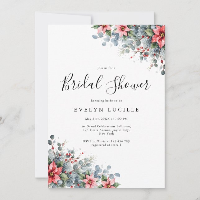 Winter Floral Poinsettia Holiday Bridal Shower Invitation (Front)