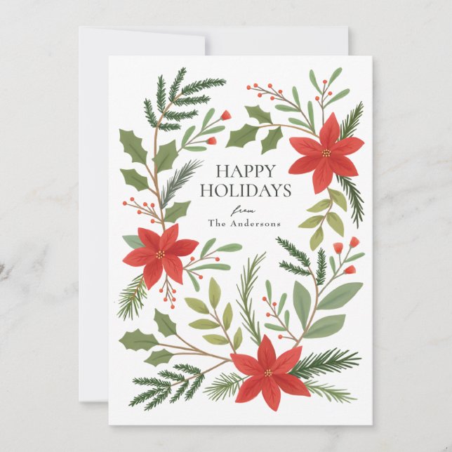 Winter Floral Pointsettia Greenery Holiday Card (Front)