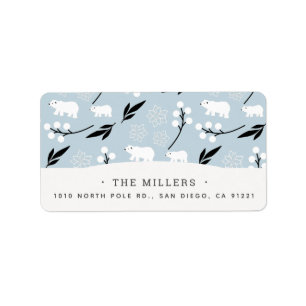 Winter Floral & Polar Bear Pattern Blue Address Label