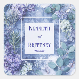 Winter Floral Purple Blue Eucalyptus Marble Square Sticker