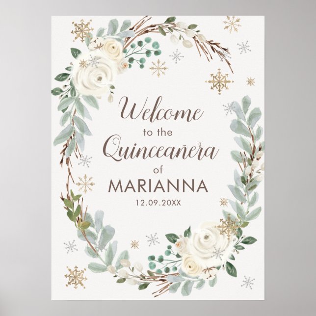 Winter Floral Quinceanera Welcome Sign (Front)