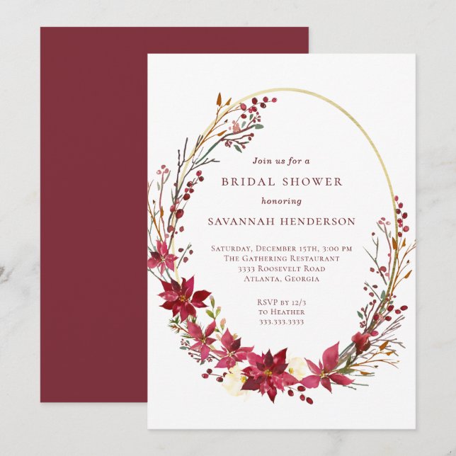 Winter Floral Red Gold Bridal Shower Invitation (Front/Back)