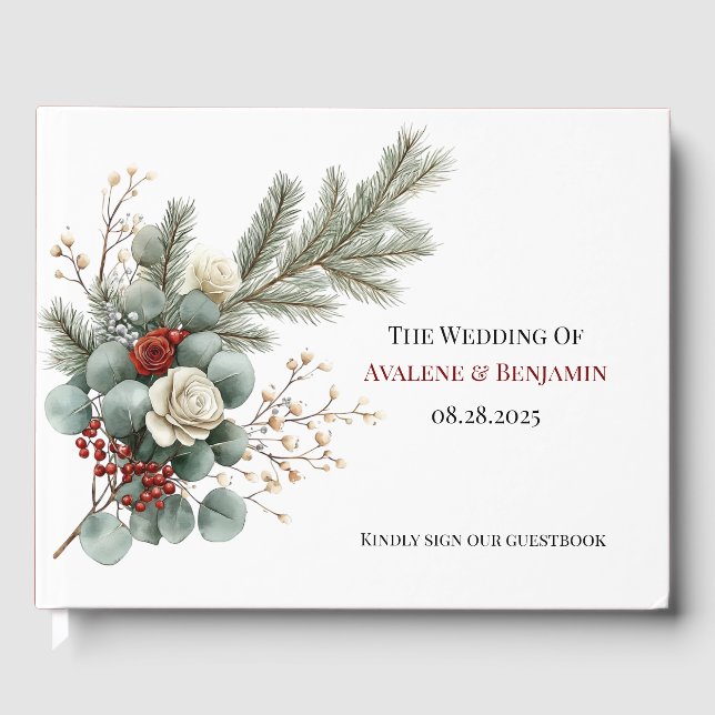 Winter Floral Red White Christmas Rose Wedding  Guest Book (Front)