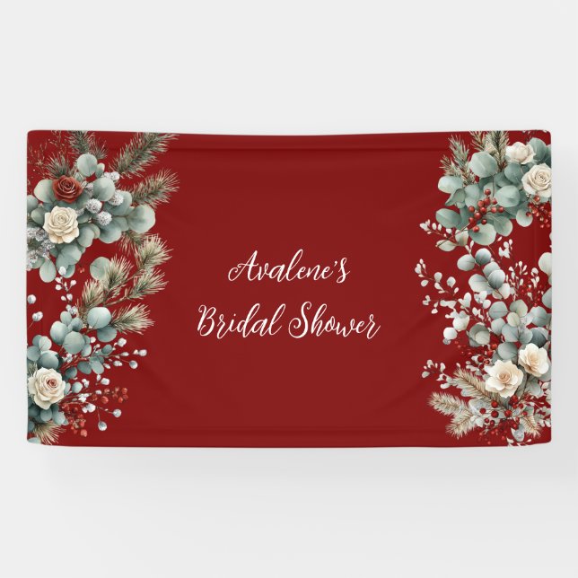 Winter Floral Red White Rose Bridal Shower Banner (Horizontal)